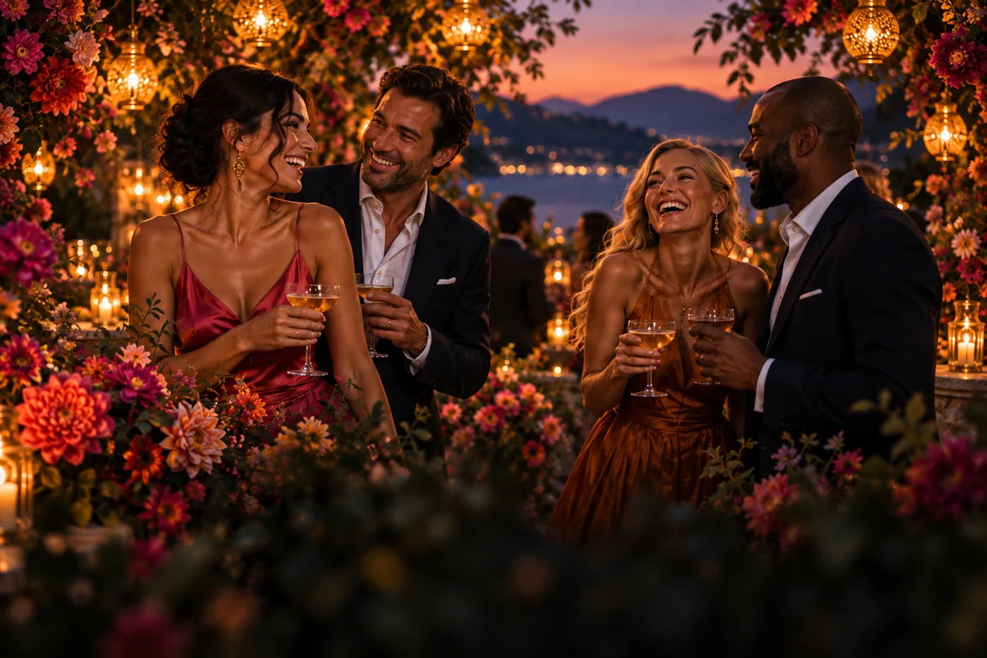 An illustrative scene of friends sharing a laugh at a celebration